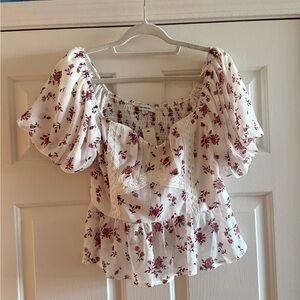 Francesca's Collections White Peasant Blouse with Burgundy Floral